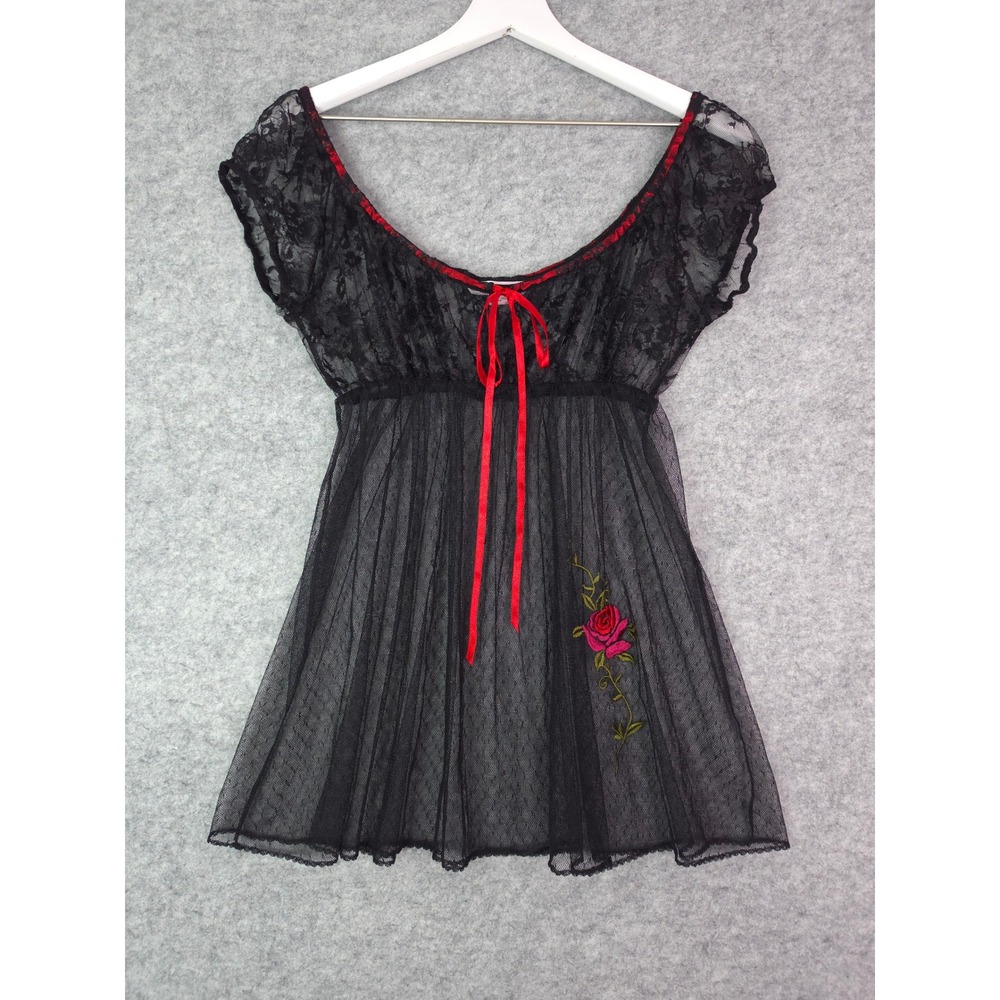 Victoria's Secret Vintage Babydoll Lingerie Top Medium Mesh Lace Rose Embroidery